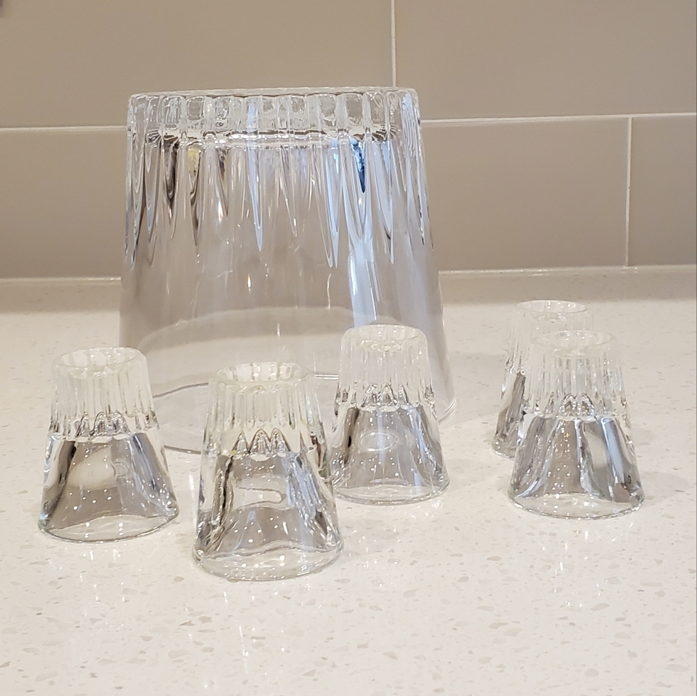 Vtg. Mid-Century Modern Cut Glass Ice Bucket + 5 Federal Glass Shotglasses EUC